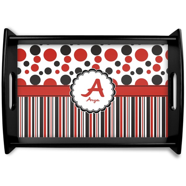 Custom Red & Black Dots & Stripes Wooden Tray (Personalized)