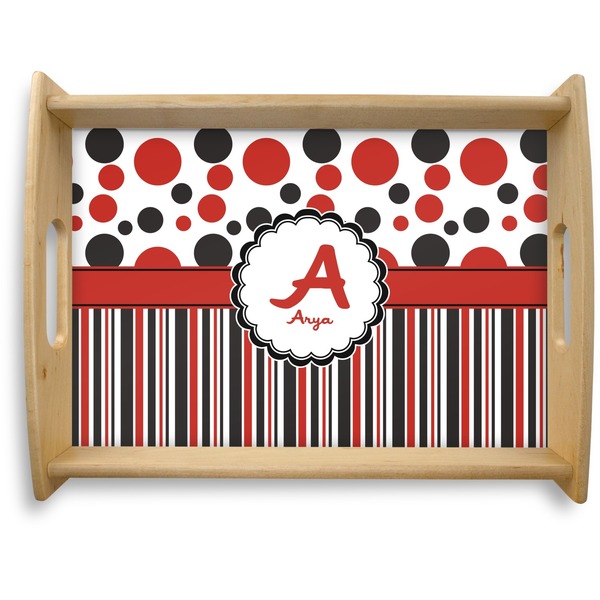 Custom Red & Black Dots & Stripes Natural Wooden Tray - Large (Personalized)