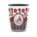 Red & Black Dots & Stripes Ceramic Shot Glass - 1.5 oz - Two Tone - Single (Personalized)