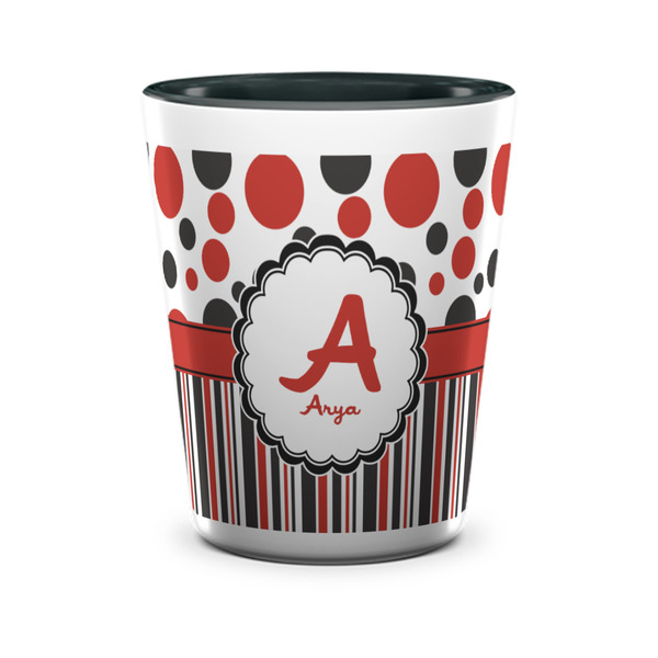 Custom Red & Black Dots & Stripes Ceramic Shot Glass - 1.5 oz - Two Tone - Single (Personalized)