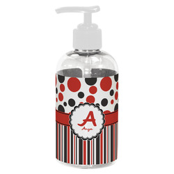 Red & Black Dots & Stripes Plastic Soap / Lotion Dispenser (8 oz - Small - White) (Personalized)