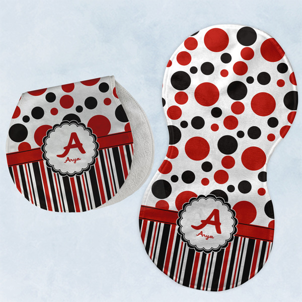 Custom Red & Black Dots & Stripes Burp Pads - Velour - Set of 2 w/ Name and Initial