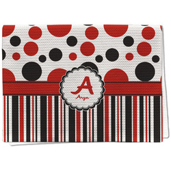 Red & Black Dots & Stripes Kitchen Towel - Waffle Weave - Full Color Print (Personalized)
