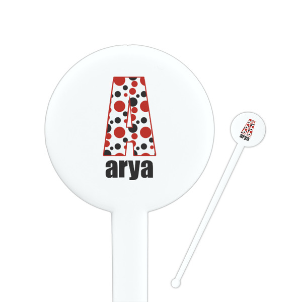 Custom Red & Black Dots & Stripes 7" Round Plastic Stir Sticks - White - Single Sided (Personalized)