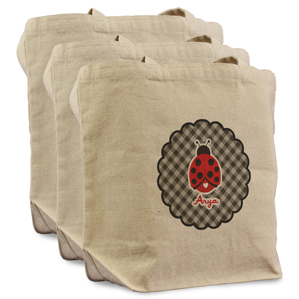 Custom Ladybugs & Gingham Reusable Cotton Grocery Bags - Set of 3 (Personalized)