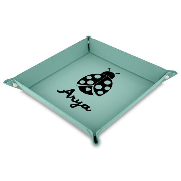 Custom Ladybugs & Gingham Faux Leather Dice Tray - 9" x 9"  - Teal (Personalized)