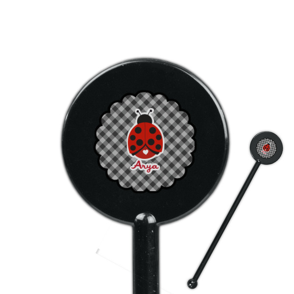 Custom Ladybugs & Gingham 5.5" Round Plastic Stir Sticks - Black - Single Sided (Personalized)