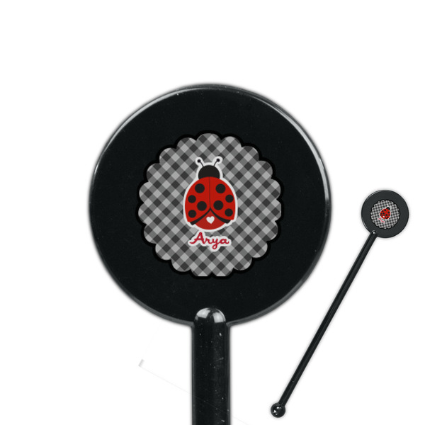 Custom Ladybugs & Gingham 5.5" Round Plastic Stir Sticks - Black - Double Sided (Personalized)