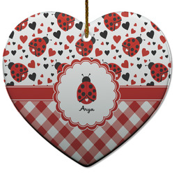 Ladybugs & Gingham Heart Ceramic Ornament w/ Name or Text