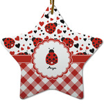 Ladybugs & Gingham Star Ceramic Ornament w/ Name or Text