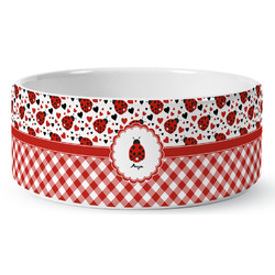 Ladybugs & Gingham Ceramic Dog Bowl - Medium (Personalized)