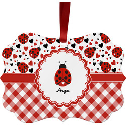 Ladybugs & Gingham Metal Frame Ornament - Double Sided w/ Name or Text