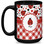 Ladybugs & Gingham 15 Oz Coffee Mug - Black (Personalized)