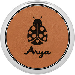Ladybugs & Gingham Set of 4 Leatherette Round Coasters w/ Silver Edge (Personalized)