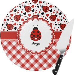 Ladybugs & Gingham Round Glass Cutting Board - Medium (Personalized)