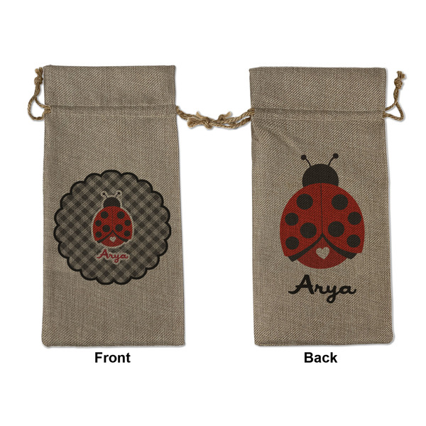 Custom Ladybugs & Gingham Large Burlap Gift Bag - Front & Back (Personalized)