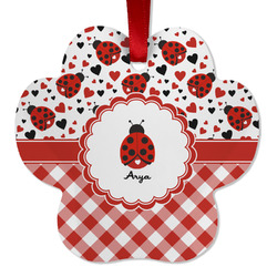 Ladybugs & Gingham Metal Paw Ornament - Double Sided w/ Name or Text