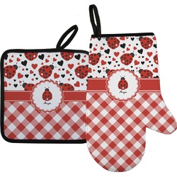 Ladybugs & Gingham Oven Mitt & Pot Holder Set w/ Name or Text