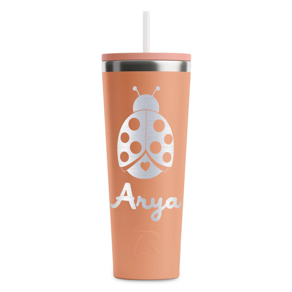 Custom Ladybugs & Gingham RTIC Everyday Tumbler with Straw - 28oz - Peach - Single-Sided (Personalized)