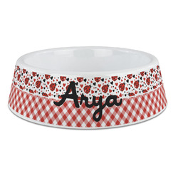 Ladybugs & Gingham Plastic Dog Bowl - Large (Personalized)