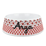 Ladybugs & Gingham Plastic Dog Bowl - Medium (Personalized)