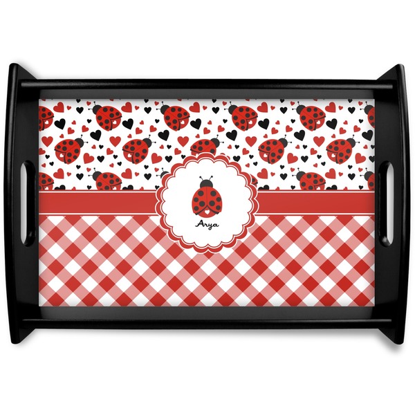 Custom Ladybugs & Gingham Black Wooden Tray - Small (Personalized)