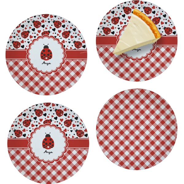 Custom Ladybugs & Gingham Set of 4 Glass Appetizer / Dessert Plate 8" (Personalized)