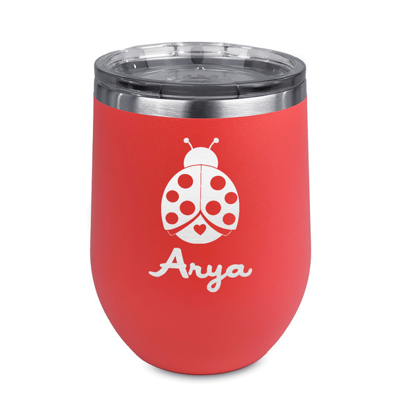 Custom Ladybugs & Gingham Stemless Stainless Steel Wine Tumbler - Coral - Double Sided (Personalized)