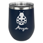 Ladybugs & Gingham Stemless Stainless Steel Wine Tumbler - Navy - Double Sided (Personalized)