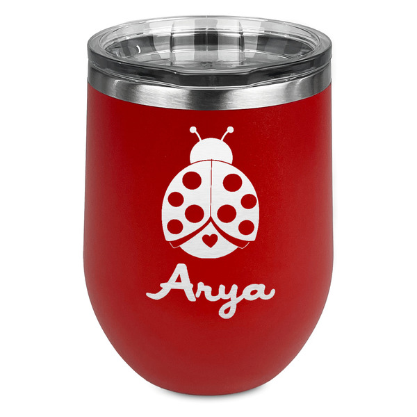 Custom Ladybugs & Gingham Stemless Stainless Steel Wine Tumbler - Red - Double Sided (Personalized)