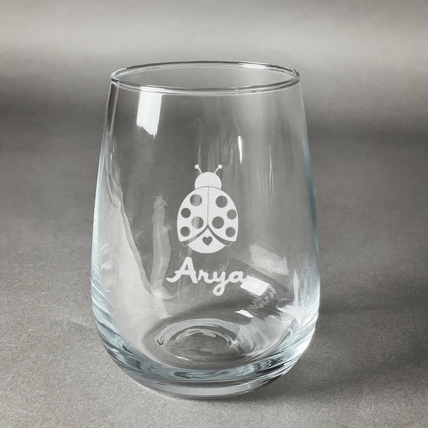 Custom Ladybugs & Gingham Stemless Wine Glass (Single) (Personalized)