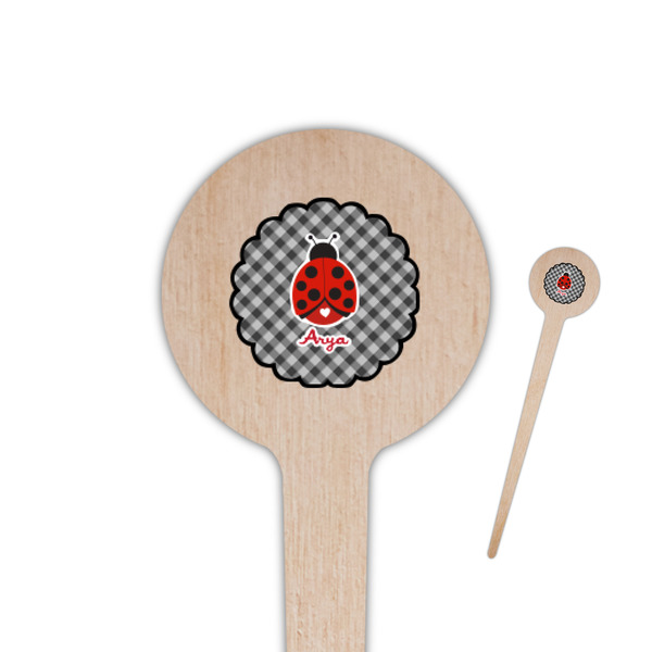 Custom Ladybugs & Gingham 4" Round Wooden Food Picks - Double Sided (Personalized)