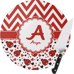 Ladybugs & Chevron Round Glass Cutting Board - Small (Personalized)