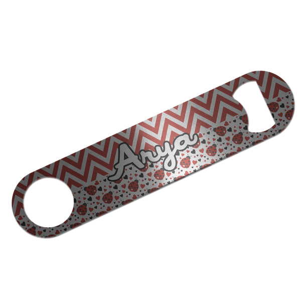 Custom Ladybugs & Chevron Bar Bottle Opener - Silver w/ Name and Initial