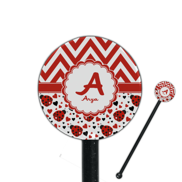 Custom Ladybugs & Chevron 5.5" Round Plastic Stir Sticks - Black - Double Sided (Personalized)