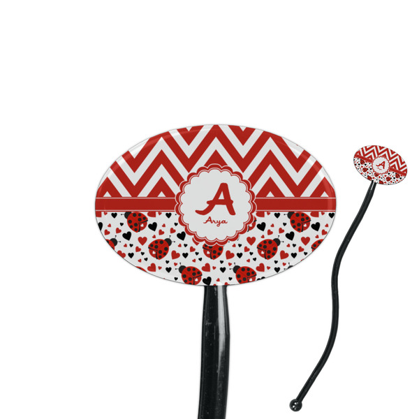 Custom Ladybugs & Chevron 7" Oval Plastic Stir Sticks - Black - Single Sided (Personalized)