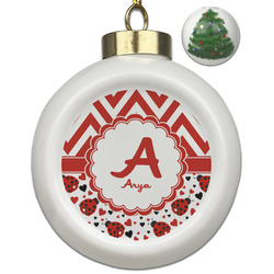 Ladybugs & Chevron Ceramic Ball Ornament - Christmas Tree (Personalized)