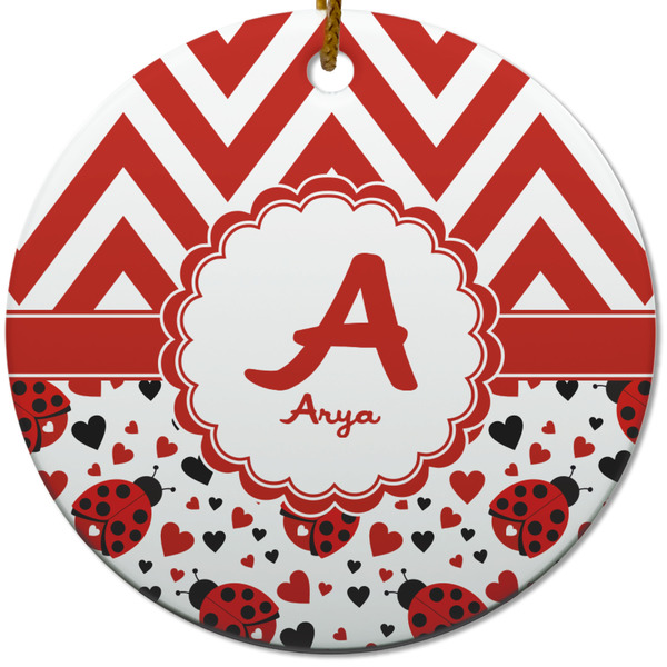 Custom Ladybugs & Chevron Round Ceramic Ornament w/ Name and Initial