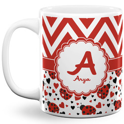 Ladybugs & Chevron 11 Oz Coffee Mug - White (Personalized)