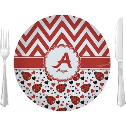 Ladybugs & Chevron Glass Lunch / Dinner Plate 10" (Personalized)
