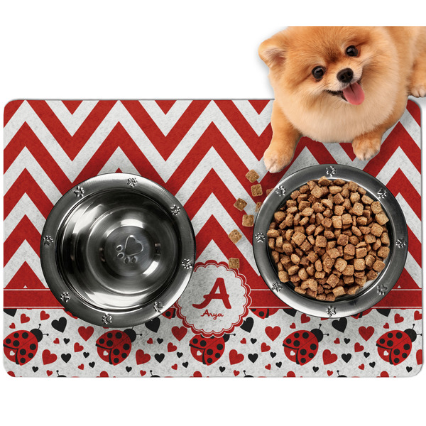 Custom Ladybugs & Chevron Dog Food Mat - Small w/ Name and Initial