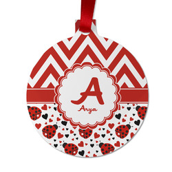 Ladybugs & Chevron Metal Ball Ornament - Double Sided w/ Name and Initial