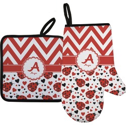 Ladybugs & Chevron Right Oven Mitt & Pot Holder Set w/ Name and Initial