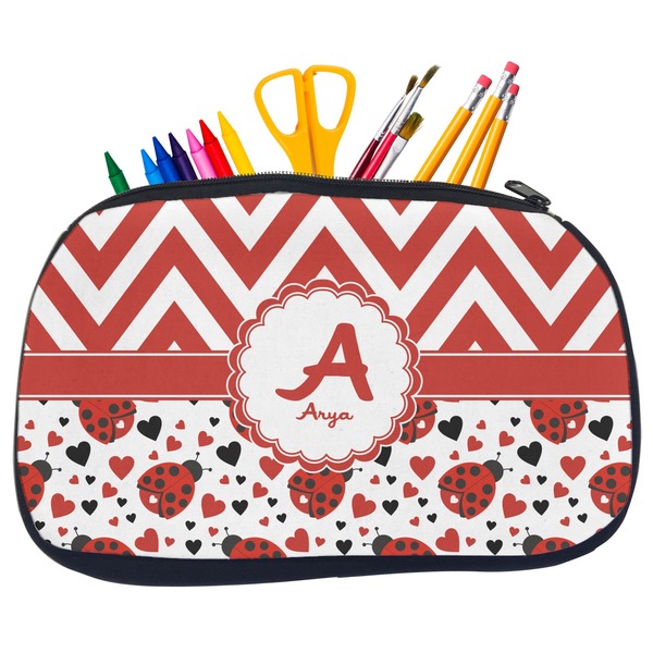 Custom Ladybugs & Chevron Neoprene Pencil Case - Medium w/ Name and Initial