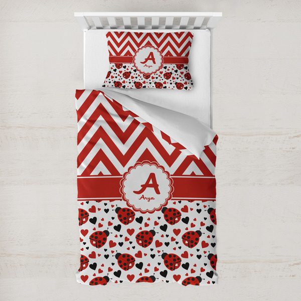 Custom Ladybugs & Chevron Toddler Bedding Set - With Pillowcase (Personalized)