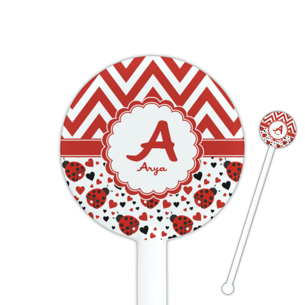 Custom Ladybugs & Chevron 5.5" Round Plastic Stir Sticks - White - Double Sided (Personalized)