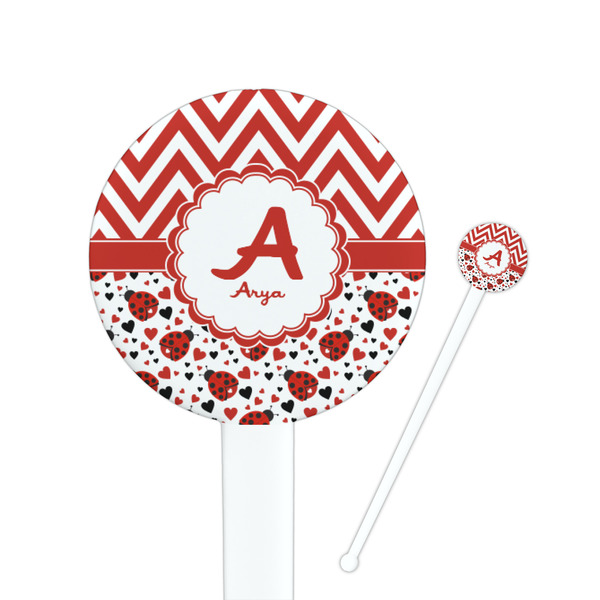 Custom Ladybugs & Chevron 7" Round Plastic Stir Sticks - White - Double Sided (Personalized)