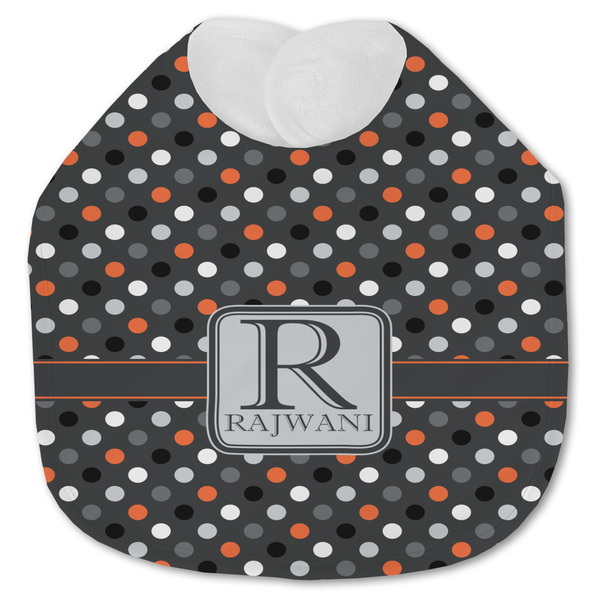 Custom Gray Dots Jersey Knit Baby Bib w/ Name and Initial