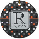 Gray Dots Round Ceramic Ornament w/ Name and Initial