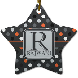 Gray Dots Star Ceramic Ornament w/ Name and Initial